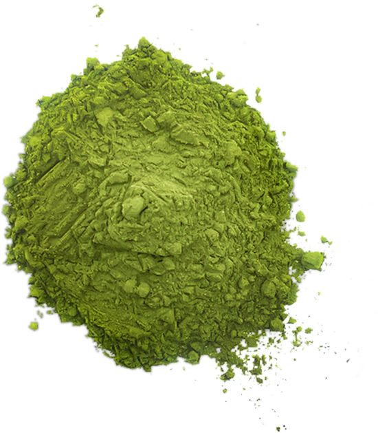 A pile of kratom powder made from crushed white vein leaves. The powder is green colored.