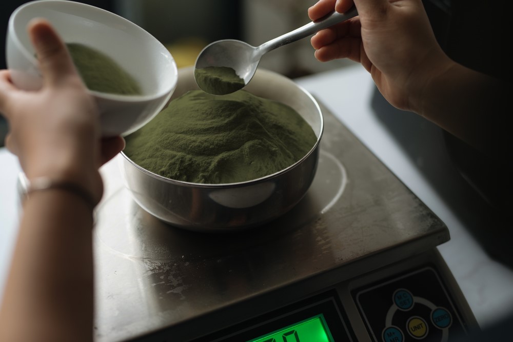 A man holds a bowl and a scoop over a bin of fresh green kratom powder