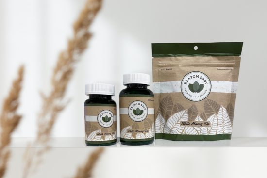 A lineup of white maeng da kratom products.