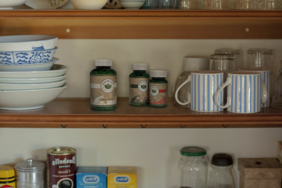 Kratom stored on a kitchen shelf