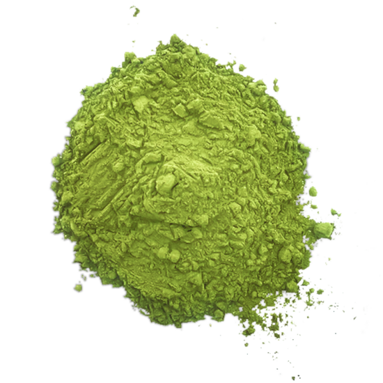 A pile of kratom powder made from crushed white vein leaves. The powder is green colored.